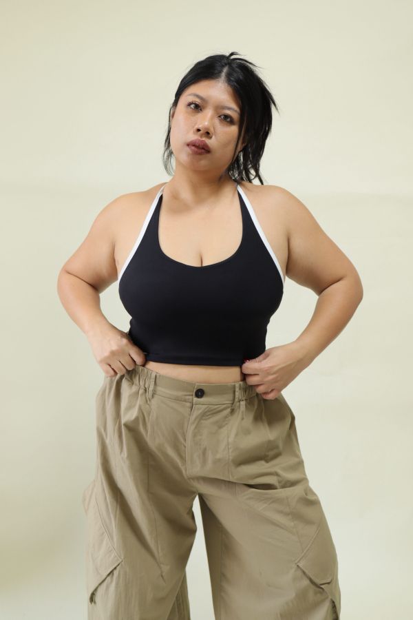 雙色拼接削肩運動內衣-黑 