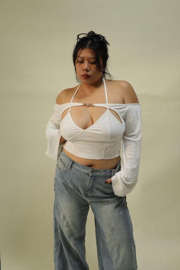 一字領假兩件辣妹上衣 