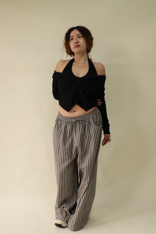 【EASE】藏肉系不鬆垮條紋寬褲(栗子咖) 