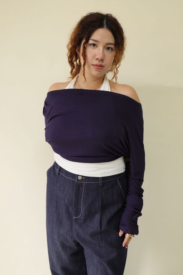 假兩件掛脖舒適上衣(藍) 