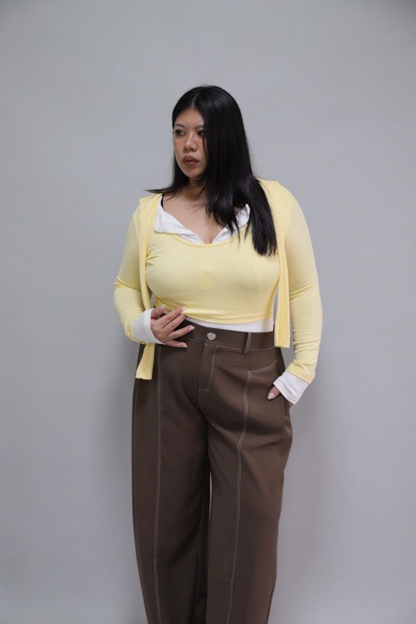 拼接撞色假兩件上衣-奶油黃 