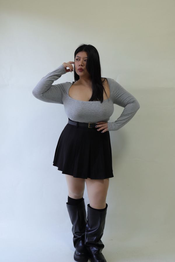 不顯胖毛呢百摺短裙(附皮帶)-黑 