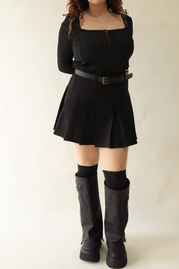 不顯胖毛呢百摺短裙(附皮帶)-黑 