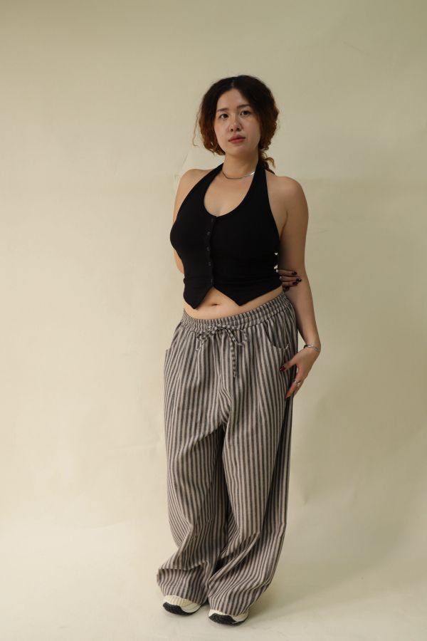 【EASE】藏肉系不鬆垮條紋寬褲(栗子咖) 