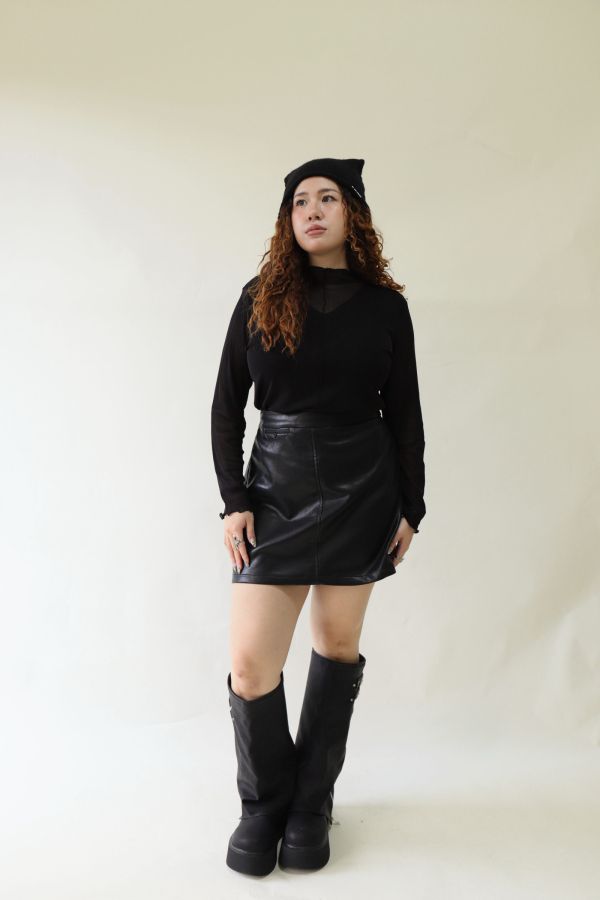 【EASE】時髦摺線高腰皮裙-黑 