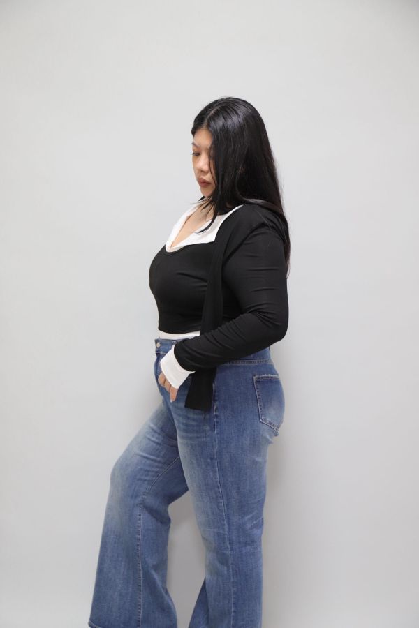 拼接撞色假兩件上衣-黑 