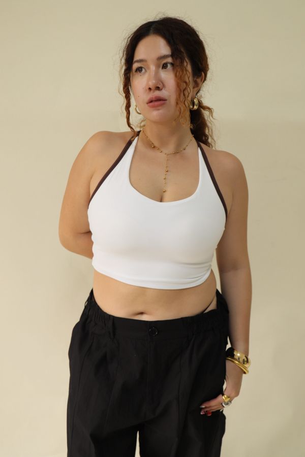 雙色拼接削肩運動內衣-白 