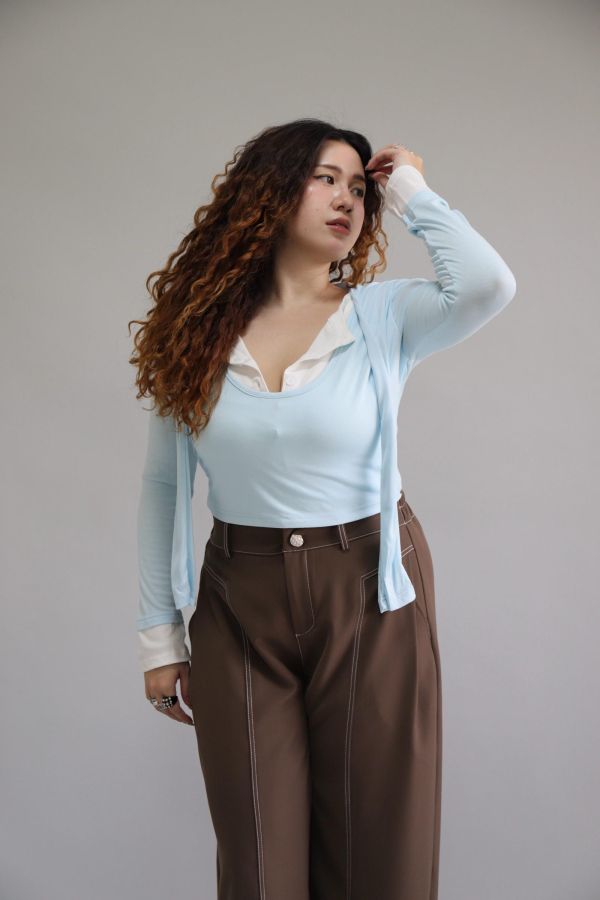 拼接撞色假兩件上衣-寶寶藍 