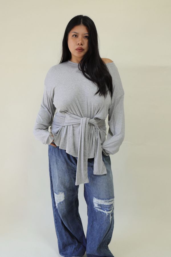 舒服穿假兩件綁帶上衣(灰) 