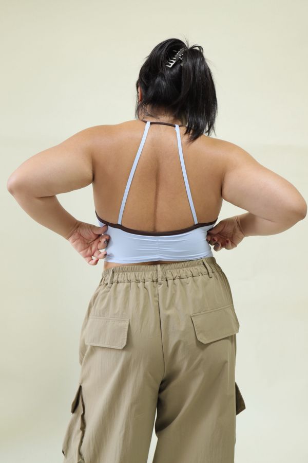 雙色拼接削肩運動內衣-藍 