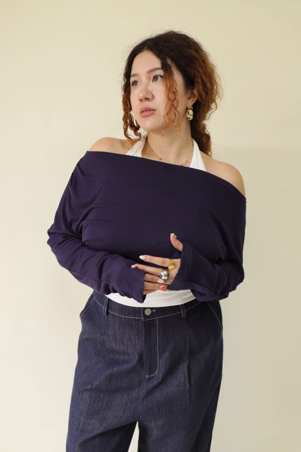 假兩件掛脖舒適上衣(藍) 