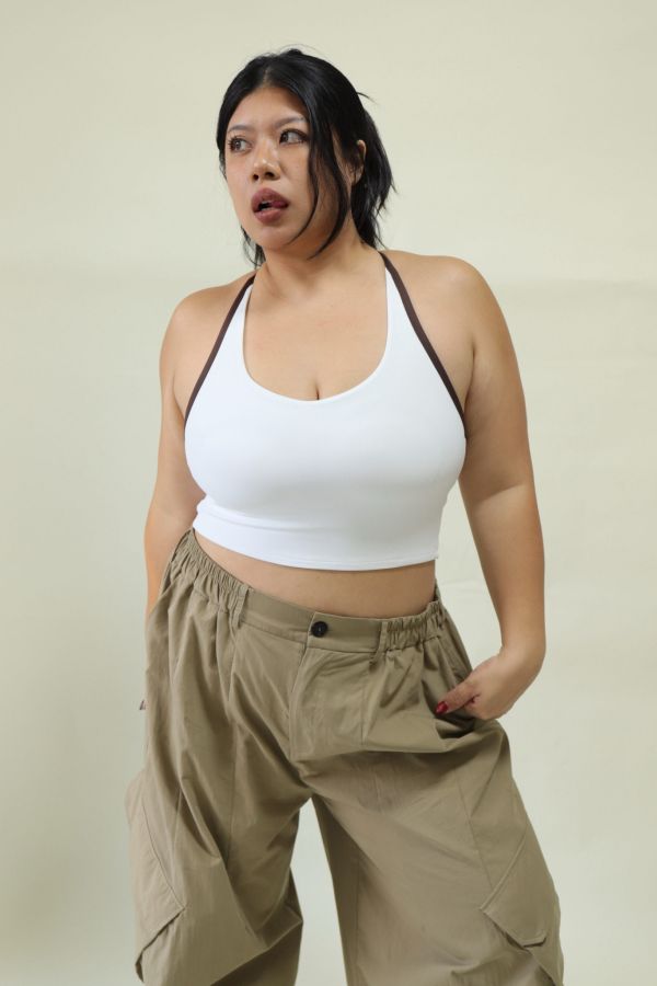 雙色拼接削肩運動內衣-白 