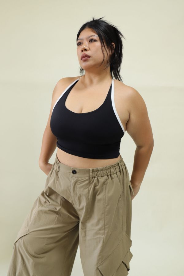 雙色拼接削肩運動內衣-黑 