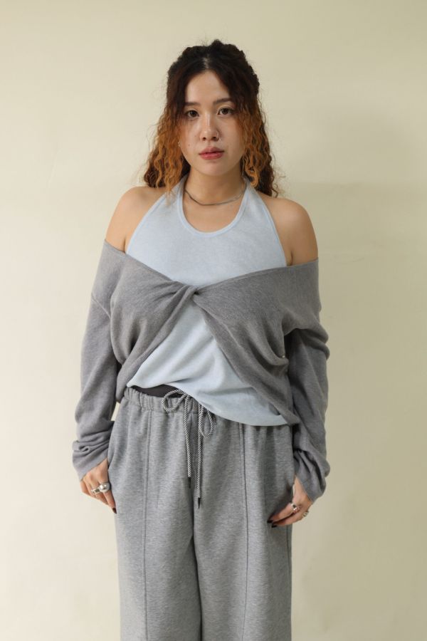 【EASE】掛脖假兩件針織上衣 (灰) 