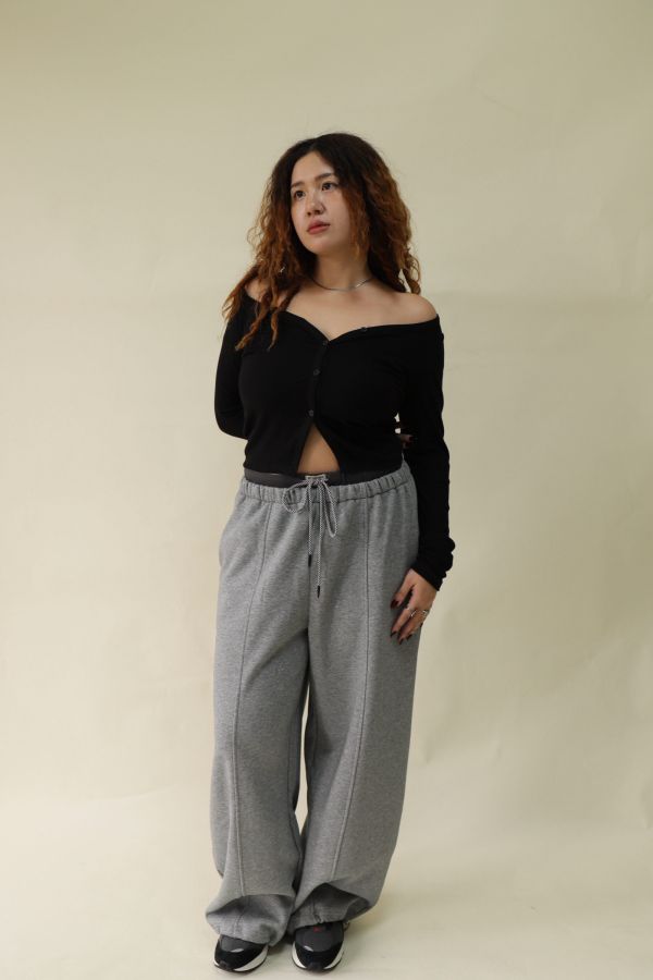【EASE】設計感雙層抽繩棉褲 (灰) 