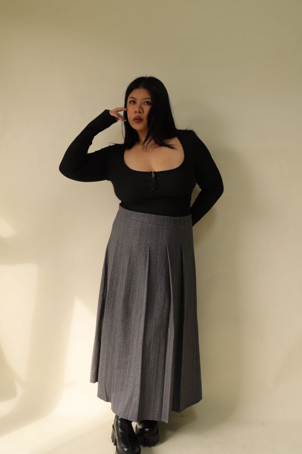 【EASE】高級感亞麻灰重工西裝百摺裙 