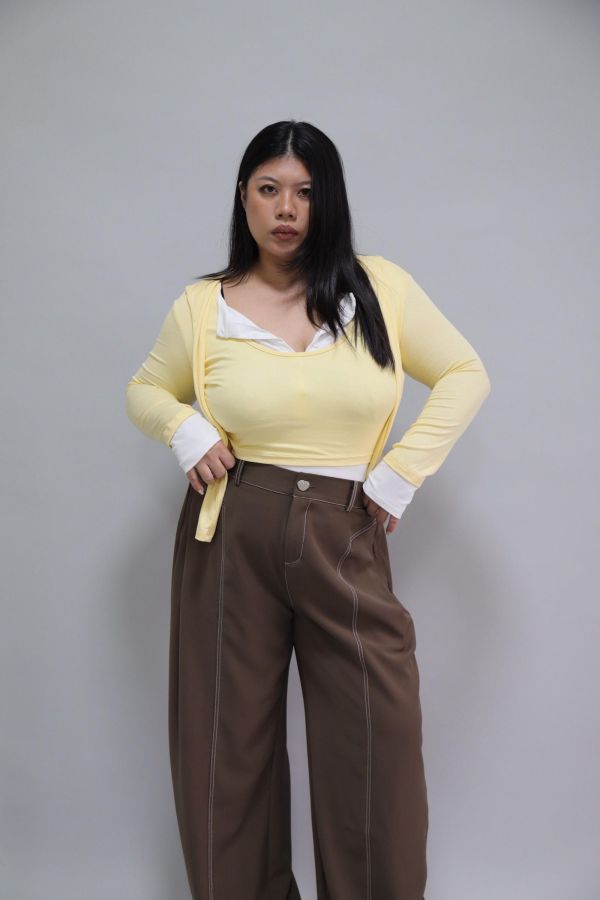 拼接撞色假兩件上衣-奶油黃 
