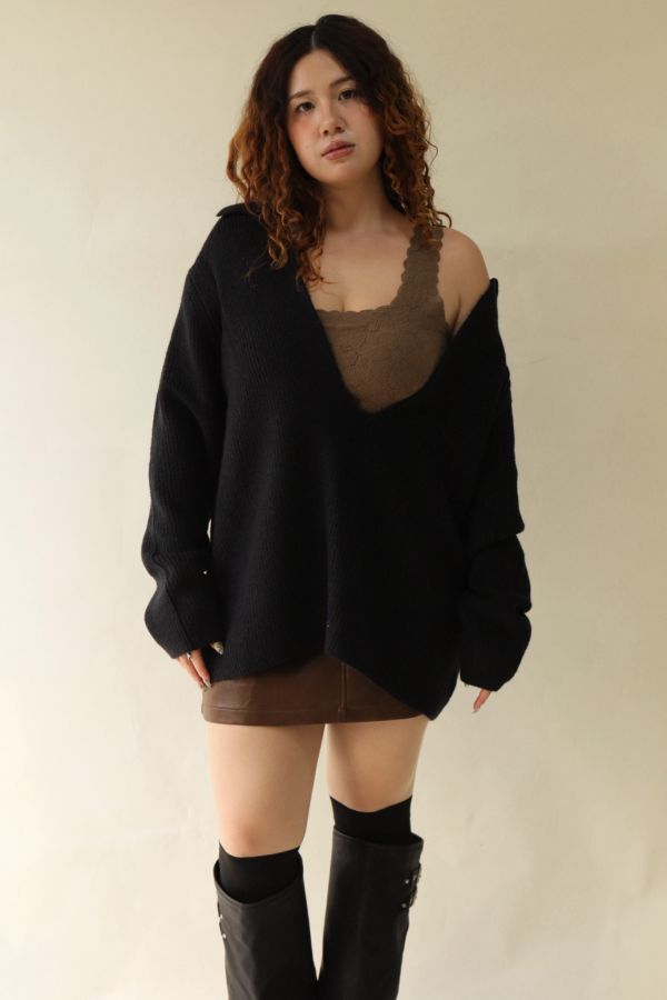 【EASE】穿搭不費力大V領疊穿寬鬆毛衣-黑 