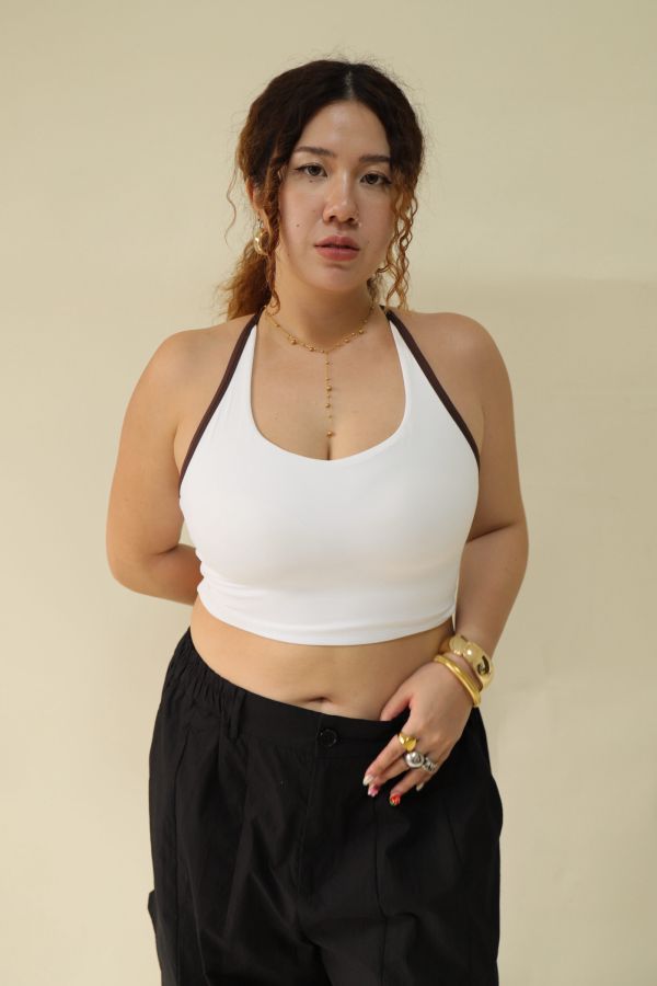 雙色拼接削肩運動內衣-白 