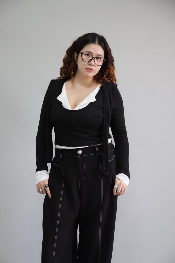 拼接撞色假兩件上衣-黑 