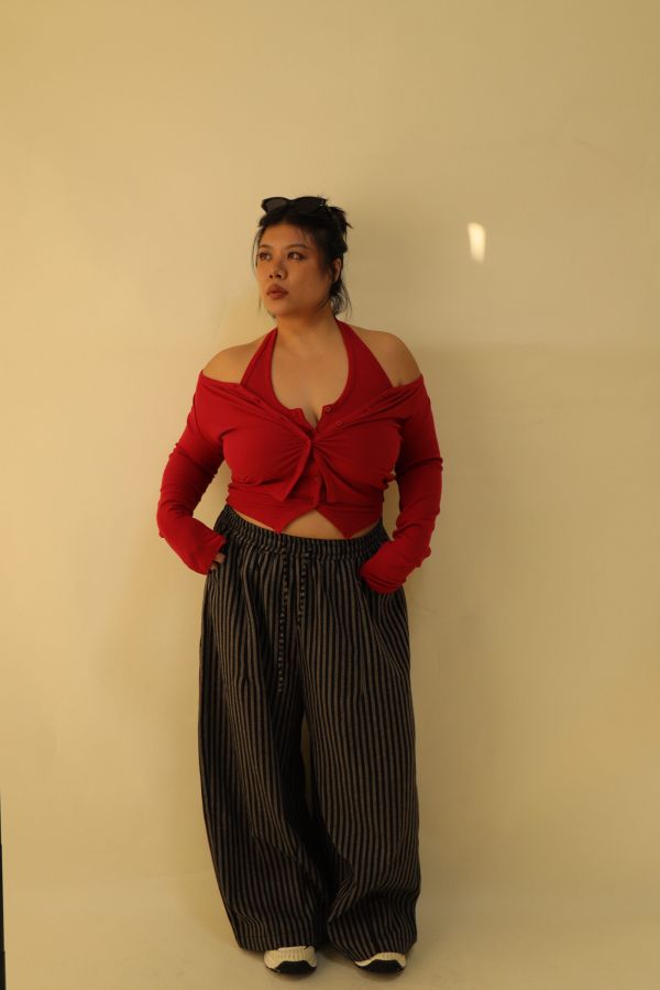 【EASE】藏肉系不鬆垮條紋寬褲(黑) 