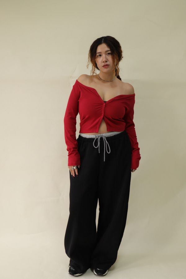 【EASE】設計感雙層抽繩棉褲 (黑) 