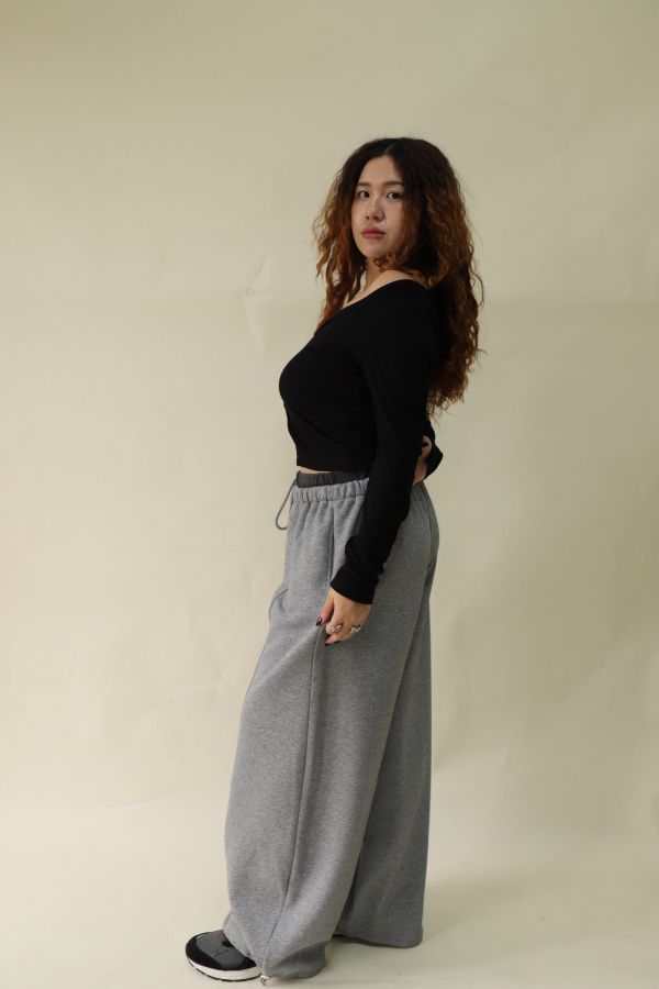 【EASE】設計感雙層抽繩棉褲 (灰) 