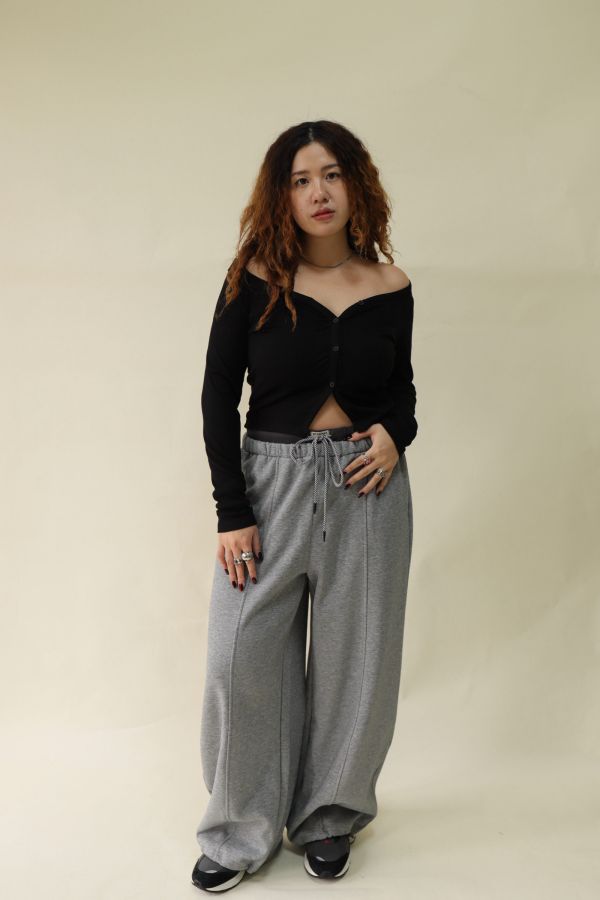 【EASE】設計感雙層抽繩棉褲 (灰) 