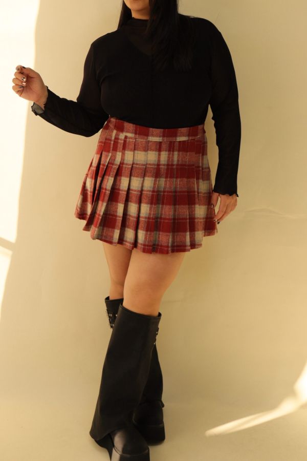 格紋百摺短裙-紅格 