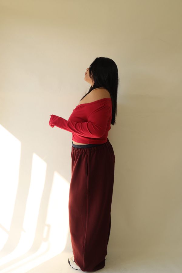 【EASE】設計感雙層抽繩棉褲 (酒紅) 