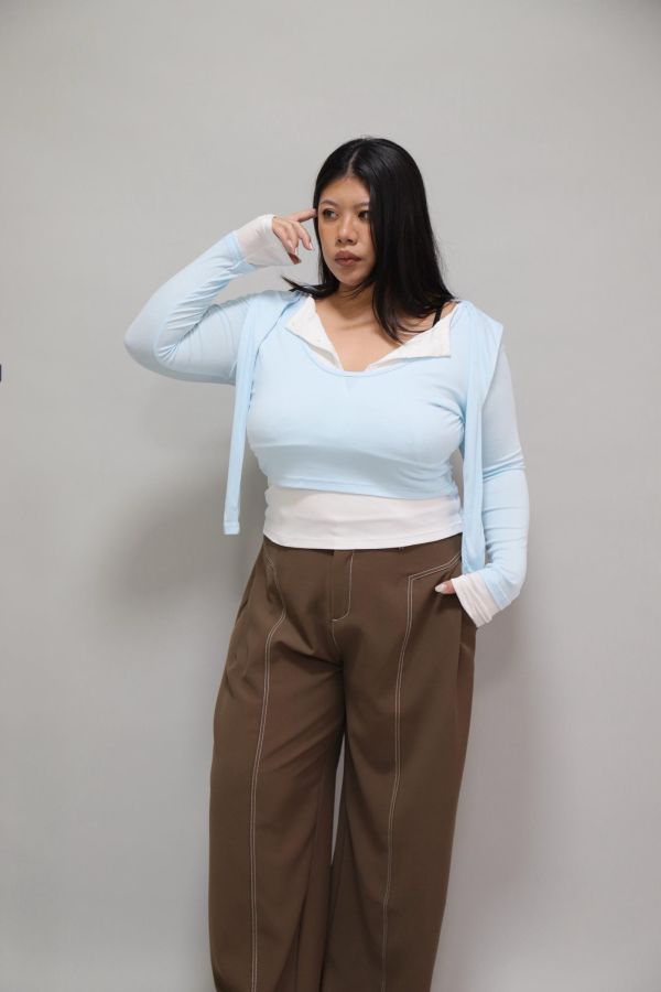 拼接撞色假兩件上衣-寶寶藍 