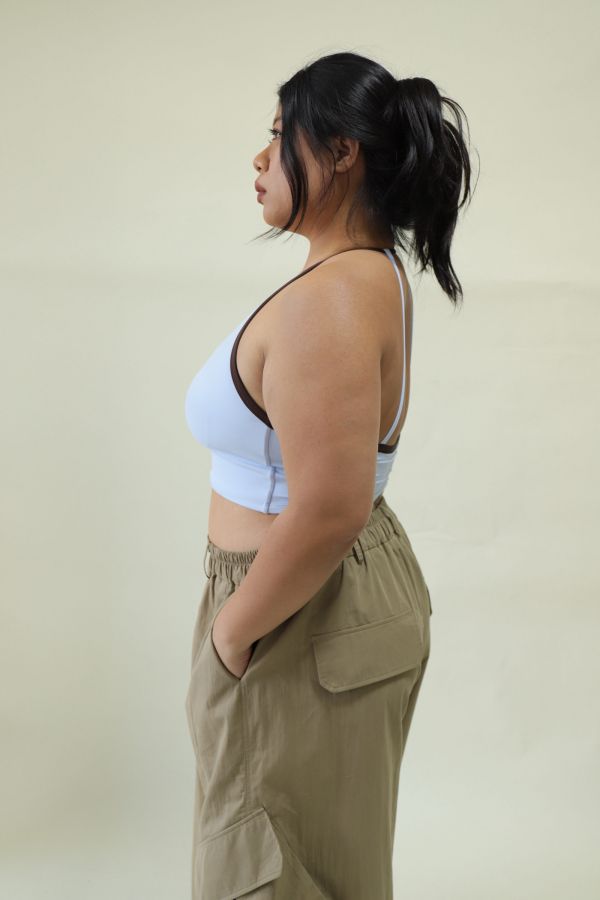 雙色拼接削肩運動內衣-藍 