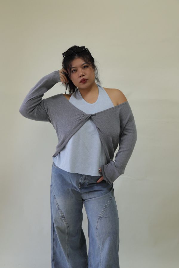 【EASE】掛脖假兩件針織上衣 (灰) 
