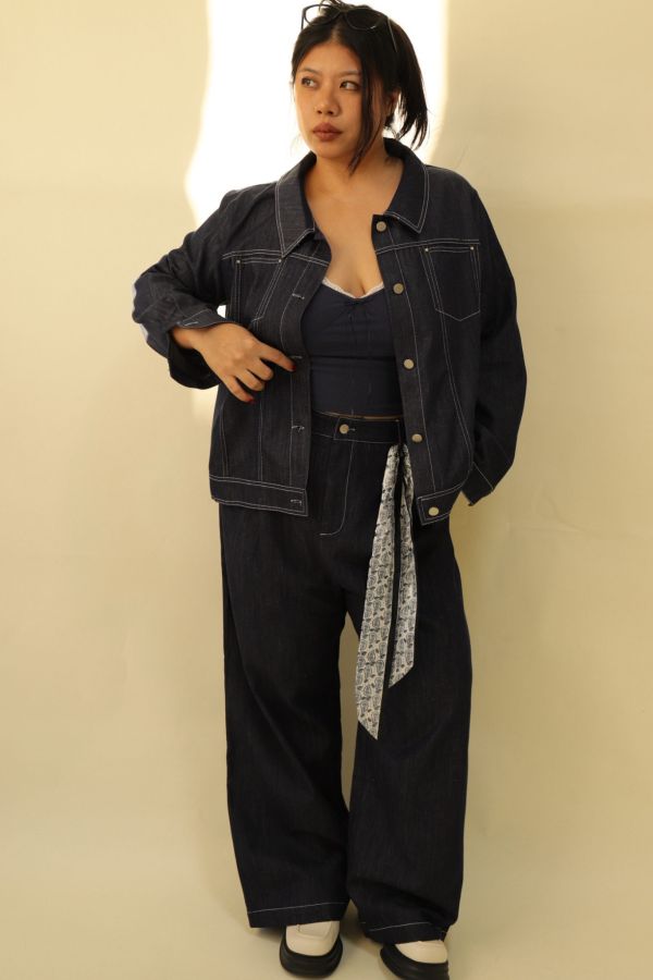 【EASE】精緻天絲單寧套裝(附絲巾) 