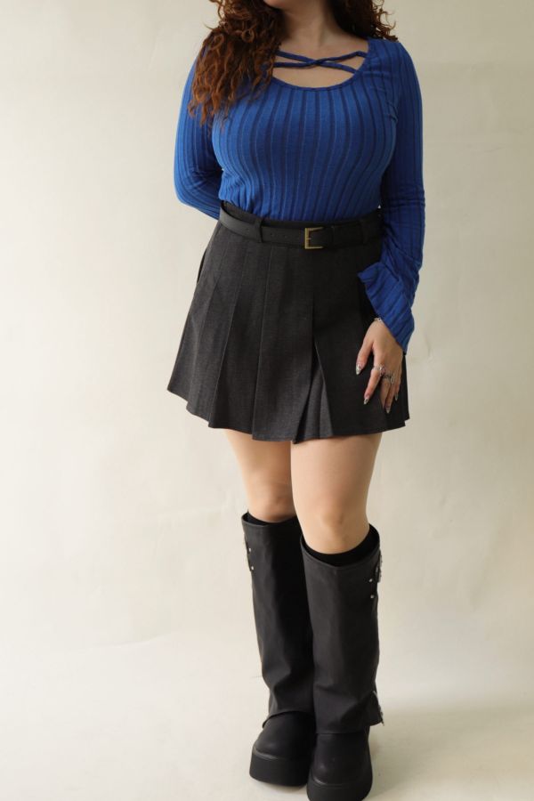 不顯胖毛呢百摺短裙(附皮帶)-灰 