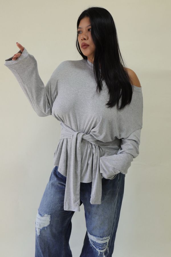 舒服穿假兩件綁帶上衣(灰) 