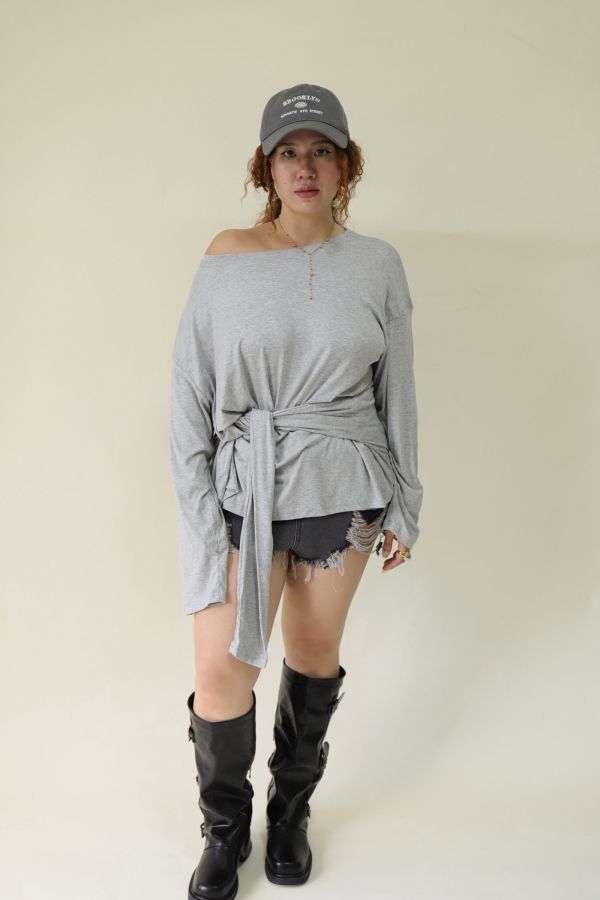 舒服穿假兩件綁帶上衣(灰) 