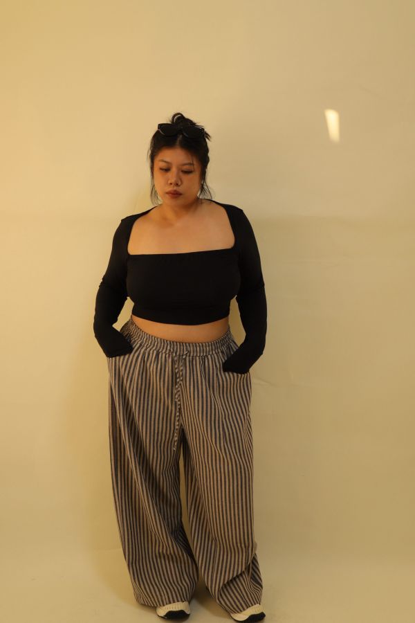 【EASE】藏肉系不鬆垮條紋寬褲(栗子咖) 