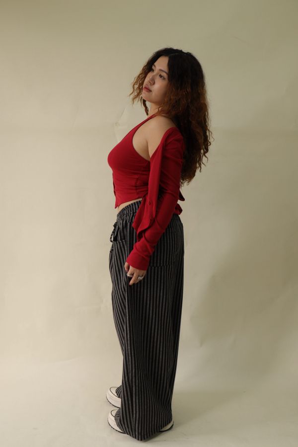 【EASE】藏肉系不鬆垮條紋寬褲(黑) 