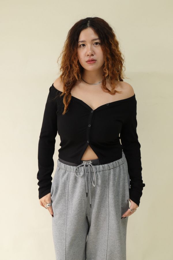 V領羅紋開釦上衣(黑) 