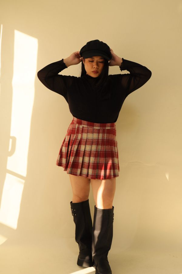 格紋百摺短裙-紅格 