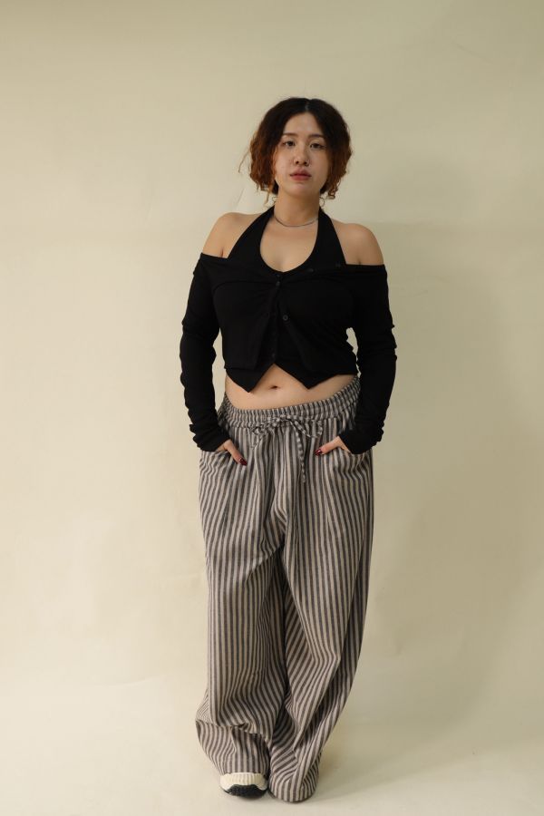 【EASE】藏肉系不鬆垮條紋寬褲(栗子咖) 