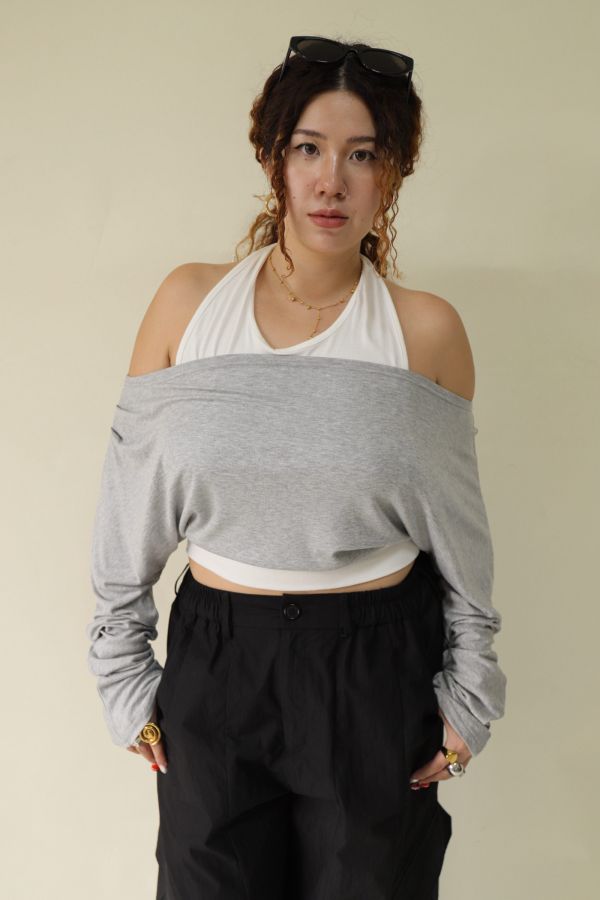 假兩件掛脖舒適上衣(灰) 