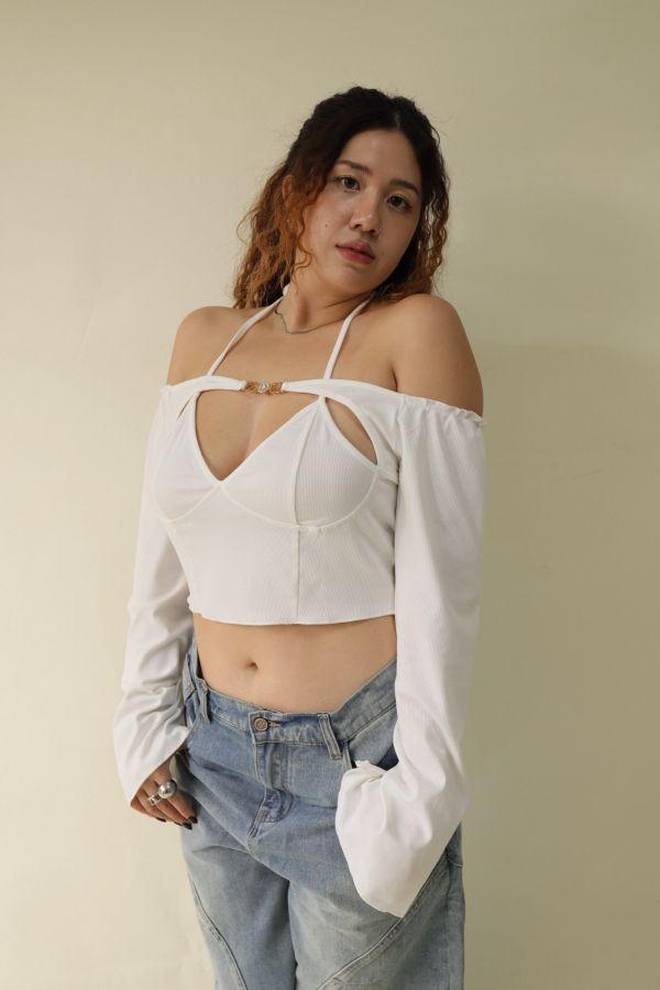 一字領假兩件辣妹上衣 