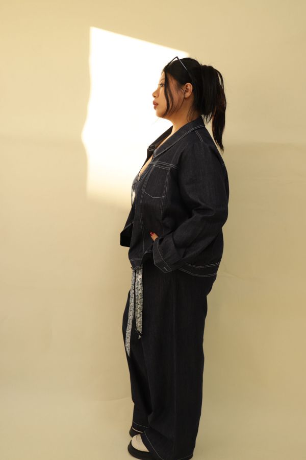 【EASE】精緻天絲單寧套裝(附絲巾) 