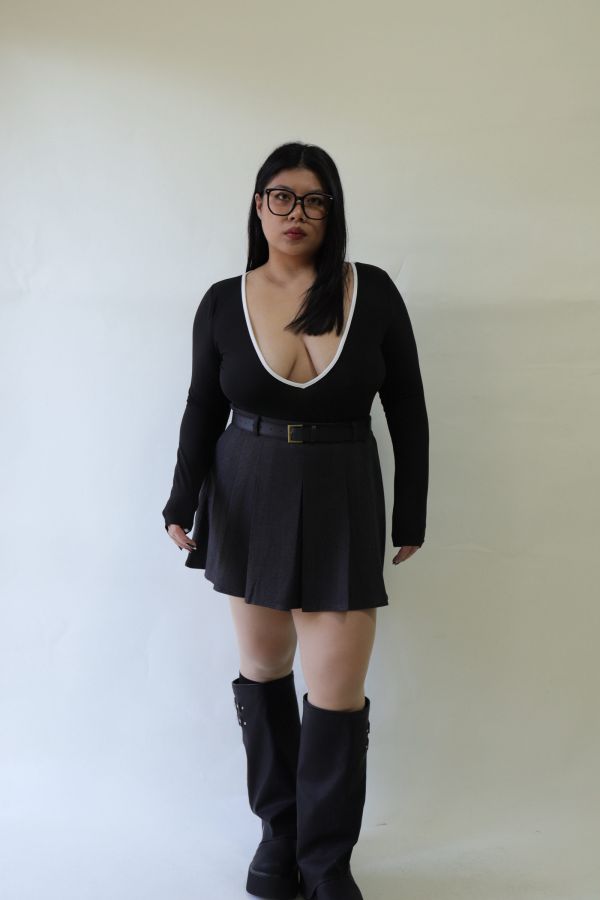 不顯胖毛呢百摺短裙(附皮帶)-灰 