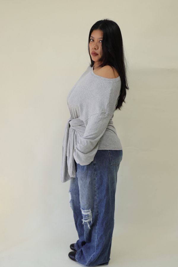 舒服穿假兩件綁帶上衣(灰) 