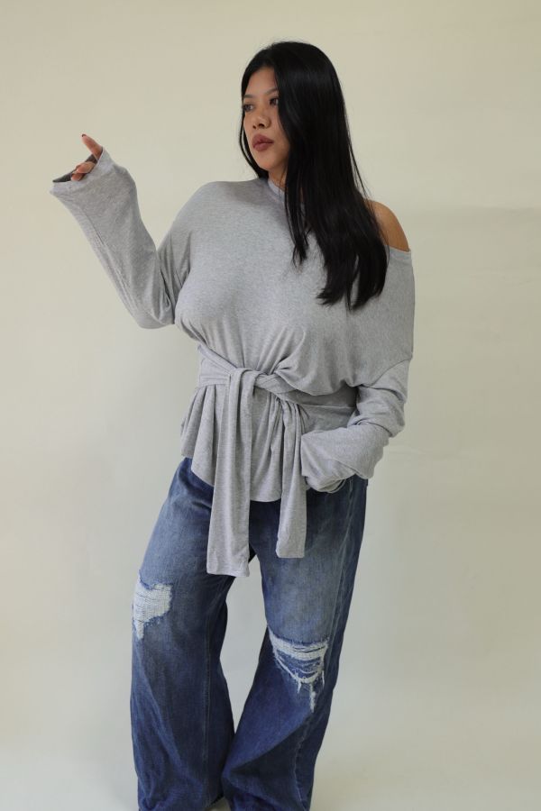 舒服穿假兩件綁帶上衣(灰) 