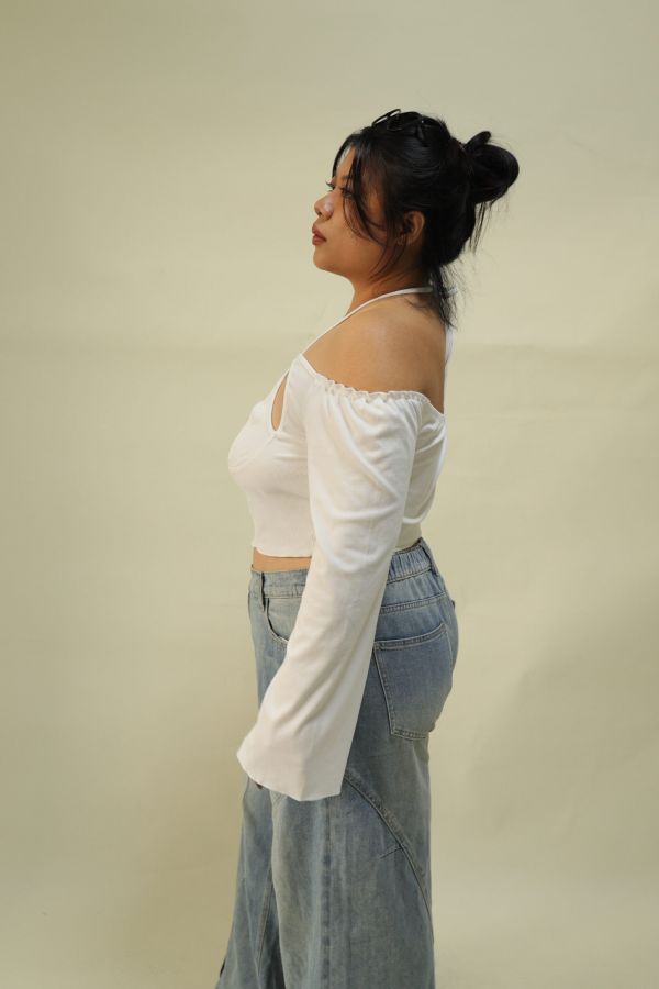 一字領假兩件辣妹上衣 