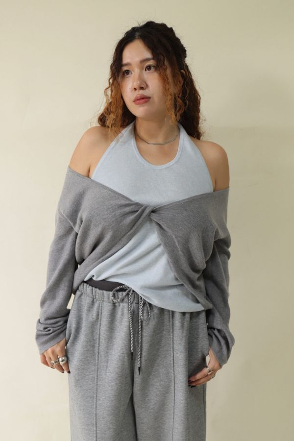 【EASE】掛脖假兩件針織上衣 (灰) 